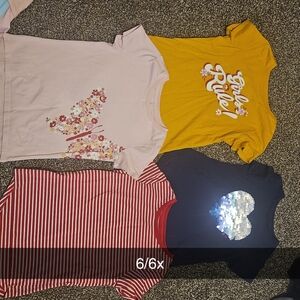 Girls' Short Sleeve Graphic Tops - Pink, Mustard, Red Stripe, Navy (4-Pack)